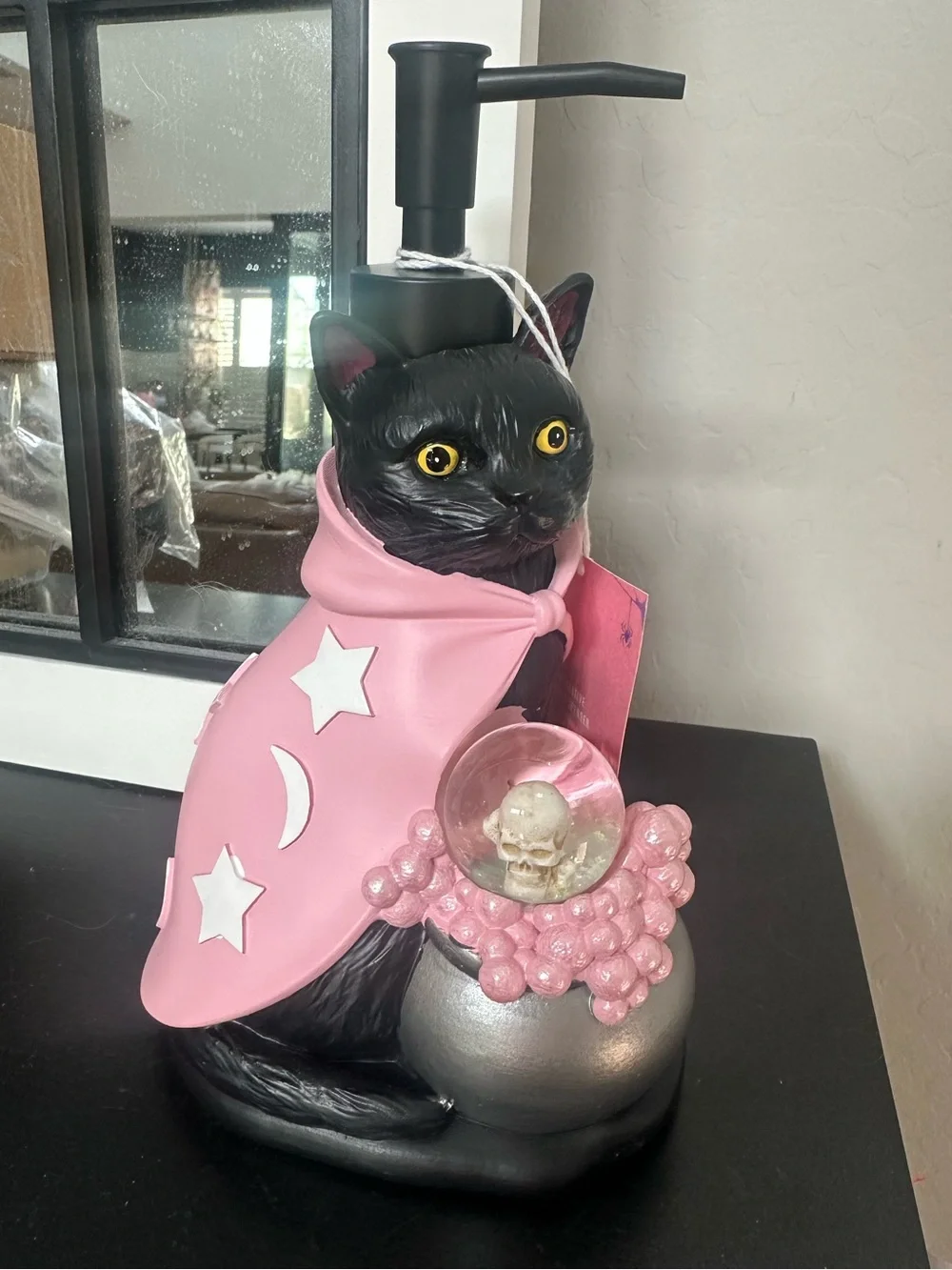 Pink & Black Cat Halloween Soap Dispenser with Skull Crystal Ball Cauldron